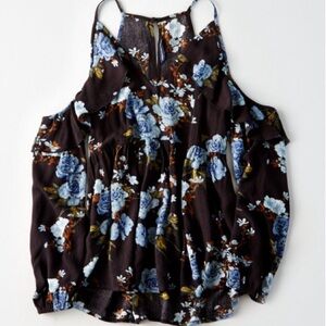 AEO blue floral blouse open shoulder